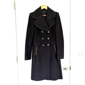 Zara Woman Premium Black Double Breasted Fitted Wool Coat, Gold Buttons, Small